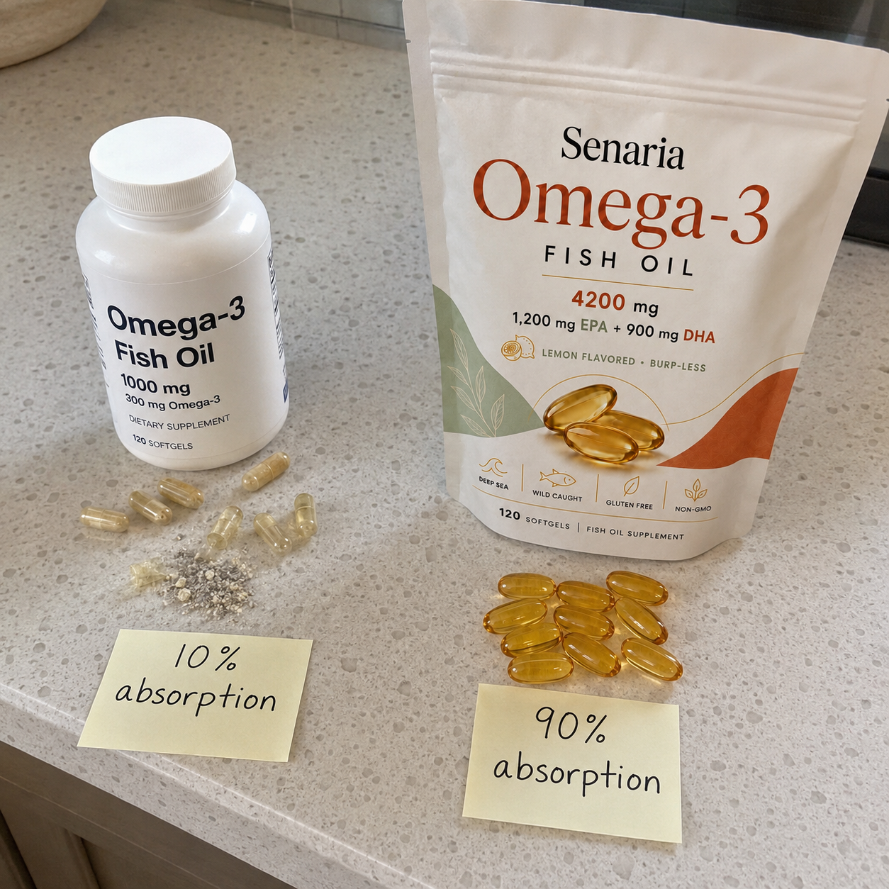 Comparison showing low absorption ethyl-ester omega-3 vs high absorption Senaria triglyceride omega-3