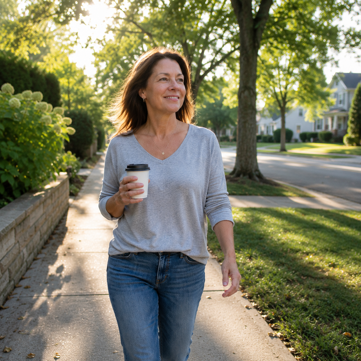 Woman walking outdoors with energy holding coffee after taking Senaria omega-3
